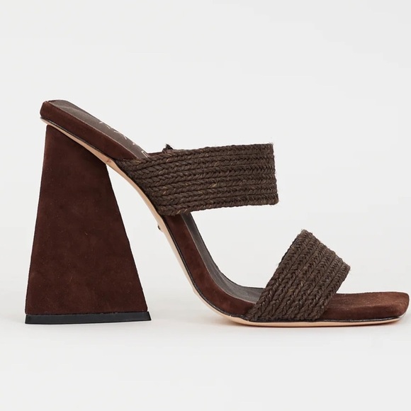 Raye Lula Brown Suede Jute Double Strap Square Toe Pyramid Heel Sandals NWOB - Picture 3 of 8